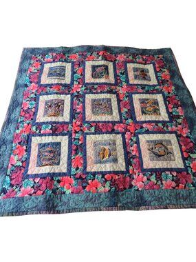 Vintage Hand Quilted Reversible Ocean Theme Floral Quilt 9-Block Design 38" X 39